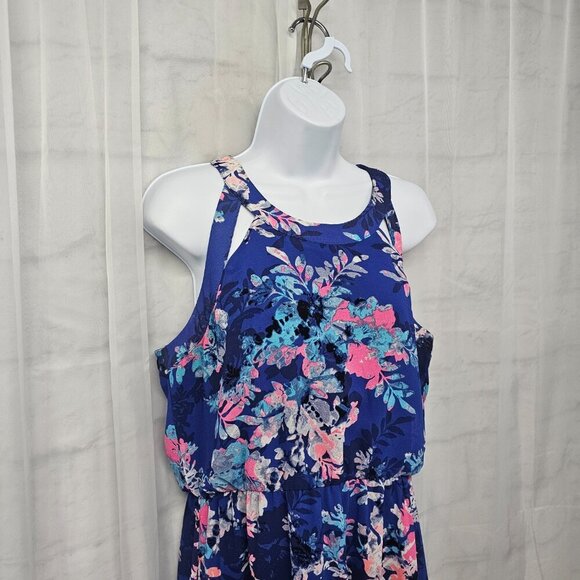 Xhiliration Blue Pink Floral Tropical Sleeveless Maxi Dress L - Picture 3 of 12